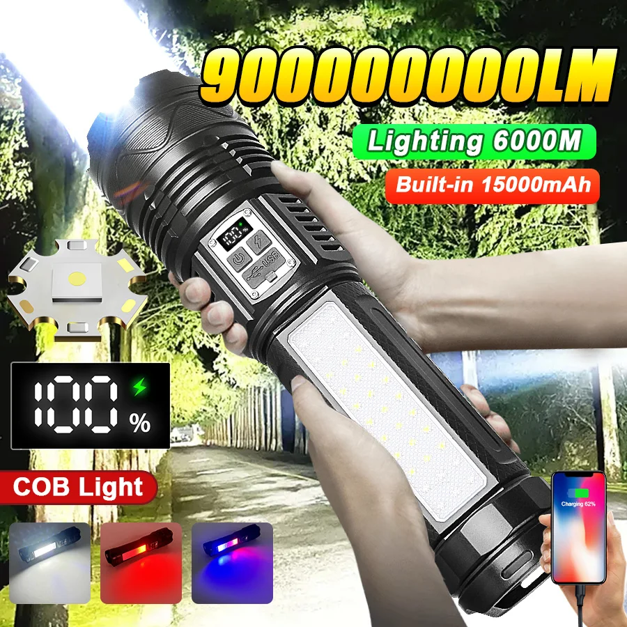 New 900000000LM High Power LED Flashlights USB Rechargeable Lamp Built-in 15000mAh Battery Tactical Flashlight Fishing Camping