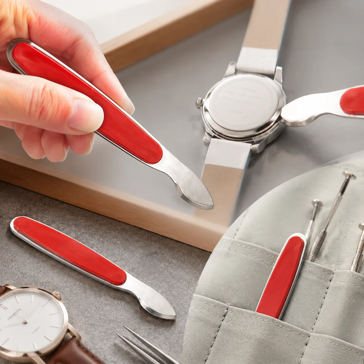 Stainless Steel Watch Case Opener Pry Blade Tool with Red Handle for Back Cover Removal and Watch Repair