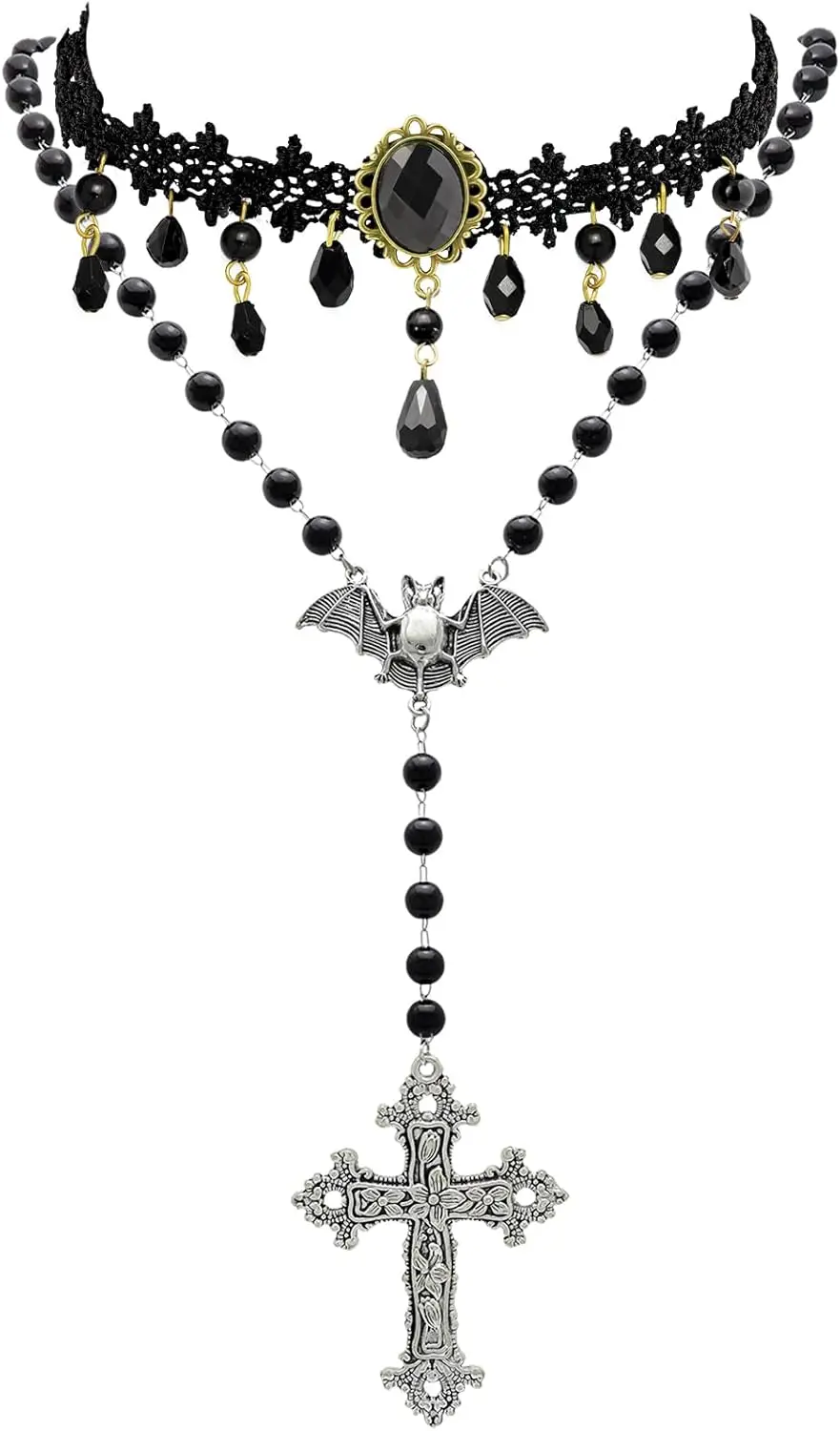 

Набор из 2 готических ожерелий на Хэллоуин для женщин: черный кружевной чокер, ожерелье с крестом Анкх и летучей мышью, длинный готический браслет-розарий
