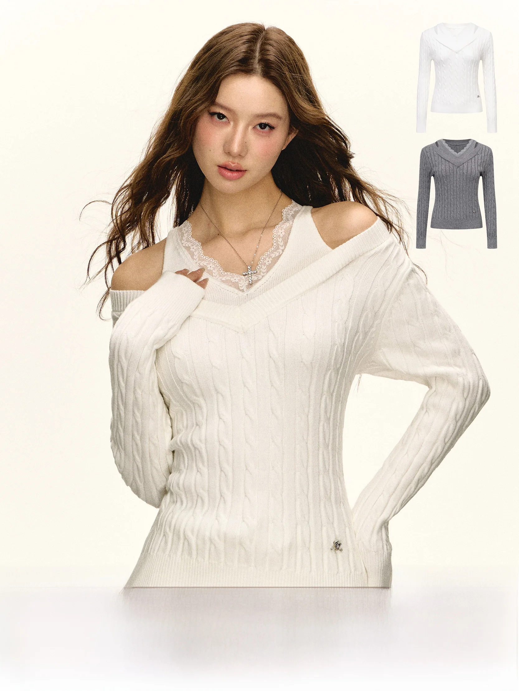 

Женский свитер Ariseism в американском ретро-стиле с кружевной отделкой и эффектом двухслойности, весенняя новинка, уличный стиль, приталенный крой, длинный рукав