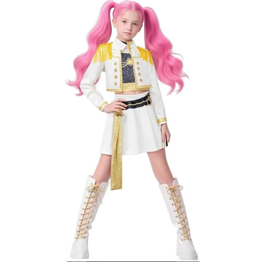 Kpop caçadores de demônios huntrix cosplay traje rumi mira zoey menina roupas branco conjunto de três peças roupas de desempenho de palco de halloween