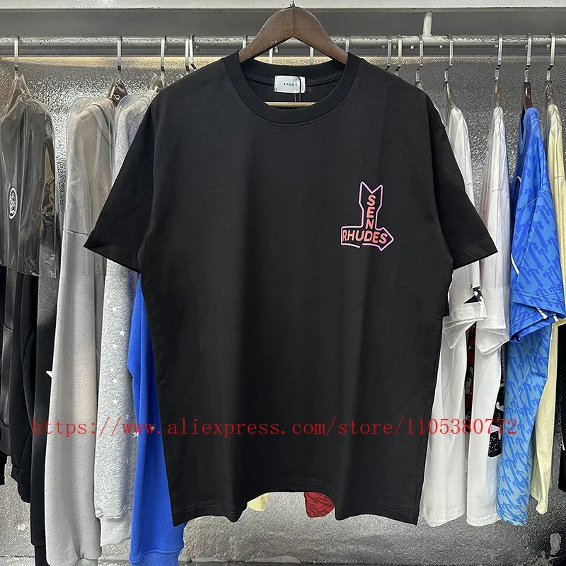 2026 New RHUDE Men's T-Shirt Black Short Sleeve Crew Neck Pink Arrow Print Casual Streetwear Cotton Tee