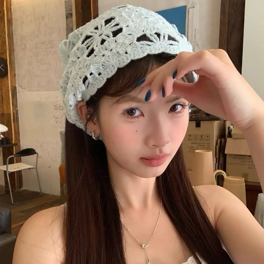 Retro Handmade Knitted Headscarf Hat Triangle Hollowed Crochet Headband Sunshade Flower Headscarf Beach Photography