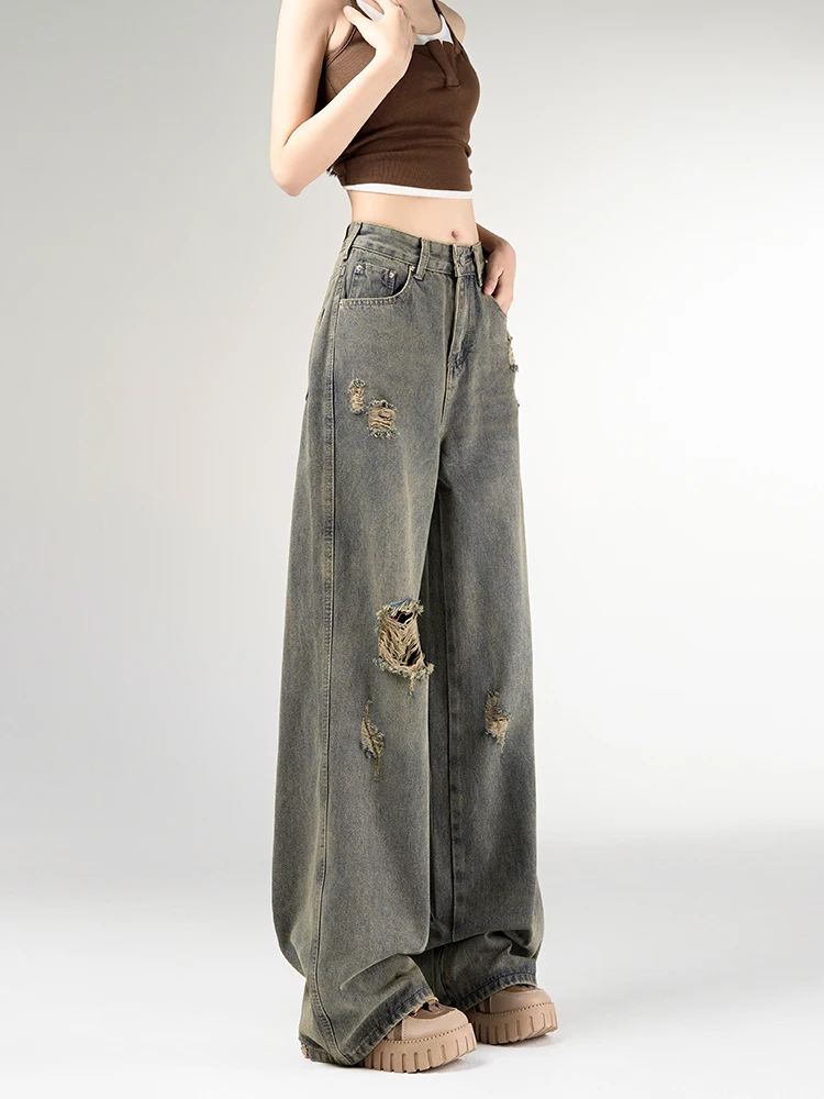 

Рваные женские джинсовые брюки с высокой талией в американском стиле ретро, повседневные свободные широкие прямые брюки, осенние потертые цементно-синие джинсовые брюки