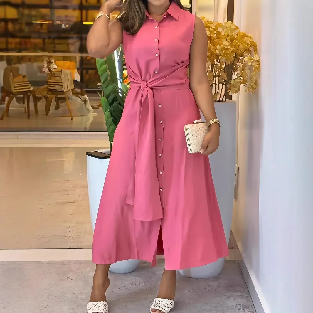 فستان كاجوال جديد برباط أمامي بلون سادة للنساء الأوروبيات والأمريكيات #2