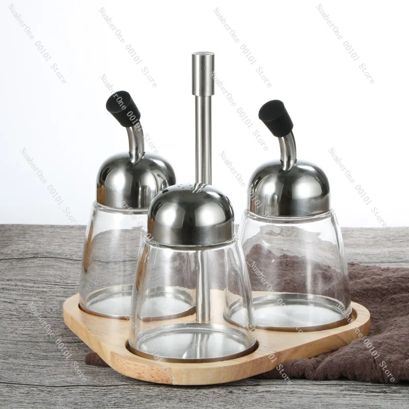 Acrylic Transparent Oil and Powder Bottle Set, Wooden Base, Multi-purpose Seasoning Storage, Kitchen Organization Tool, Spice