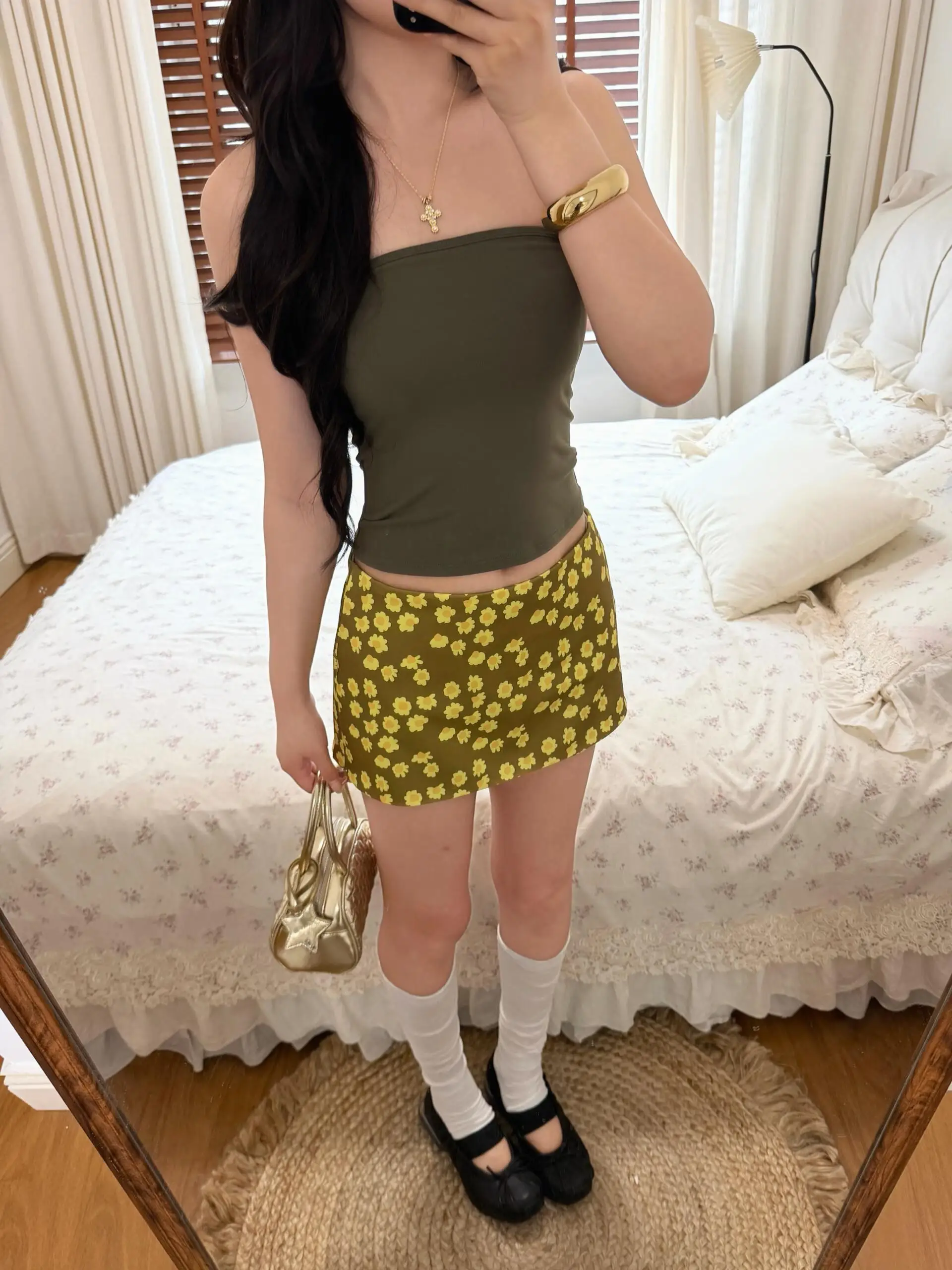 American Style Green Floral Print Casual Straight Cut  Skirt Women's Spring Summer New Design A-Line Short Skirt Pants