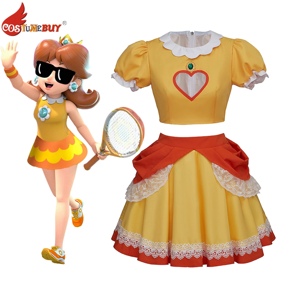 Game Princess Daisy Cosplay Costume Sexy Open Chest Short Sleeve with Mini Skirt, Women Yellow Crop Top and Miniskirt Suit