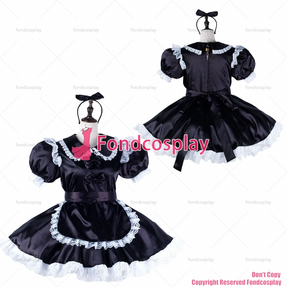 

fondcosplay adult sexy cross dressing sissy maid short black satin dress lockable Uniform apron costume CD/TV[G2218]