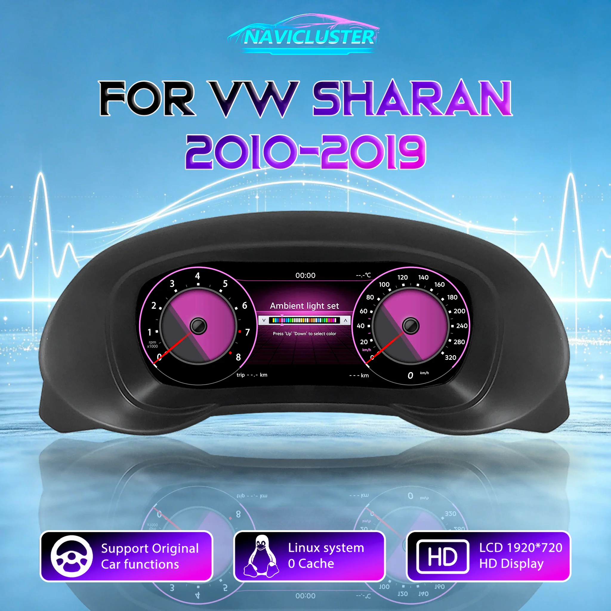 HD-Bildschirm 1920*720 Tachometer Linux LCD Digitales Armaturenbrett für VW Sharan Seat Alhambra 2010-2019 Jahrgänge Cluster Auto Instrumententafel Cockpit