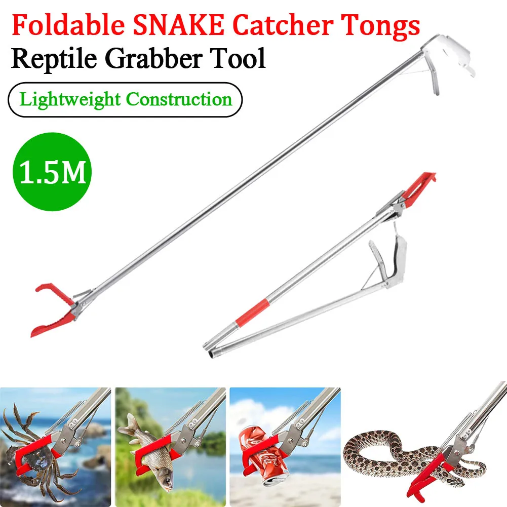 1.5M Stainless Steel Snake Catcher Tongs Foldable Reptile Grabber Tool Snake Hook Catcher Tool For outdoors Catch Loach Crab