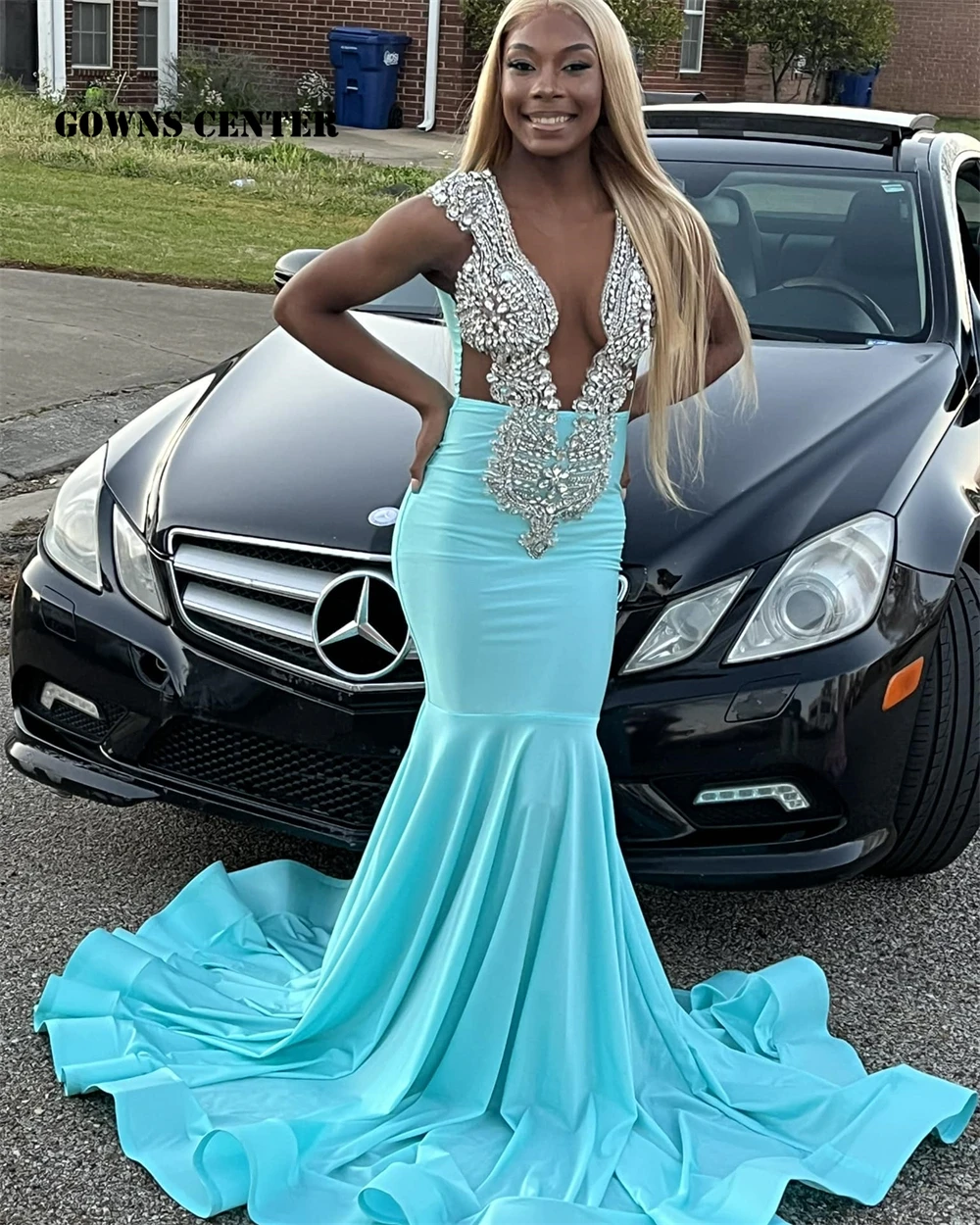 

Aquamarine Blue Long Prom Dress Silver African Glitter Crystal Blackgirls Evening Dresses Mermaid Birthday Party Gown Customized