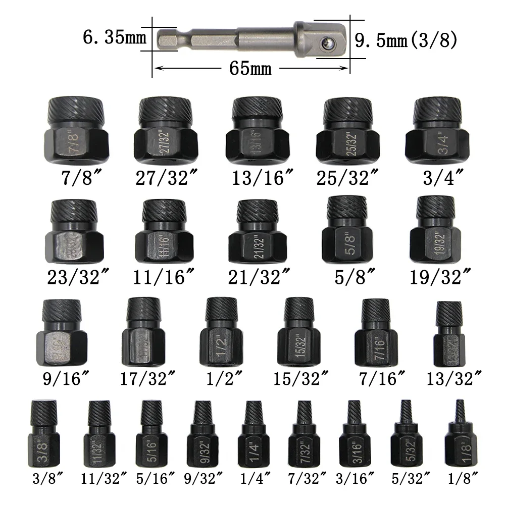 

Bolt Extractor Set Broken Stud Remover Standard 3/8-inch Drive Heat Treatment High Visibility Left-handed Spiral Design