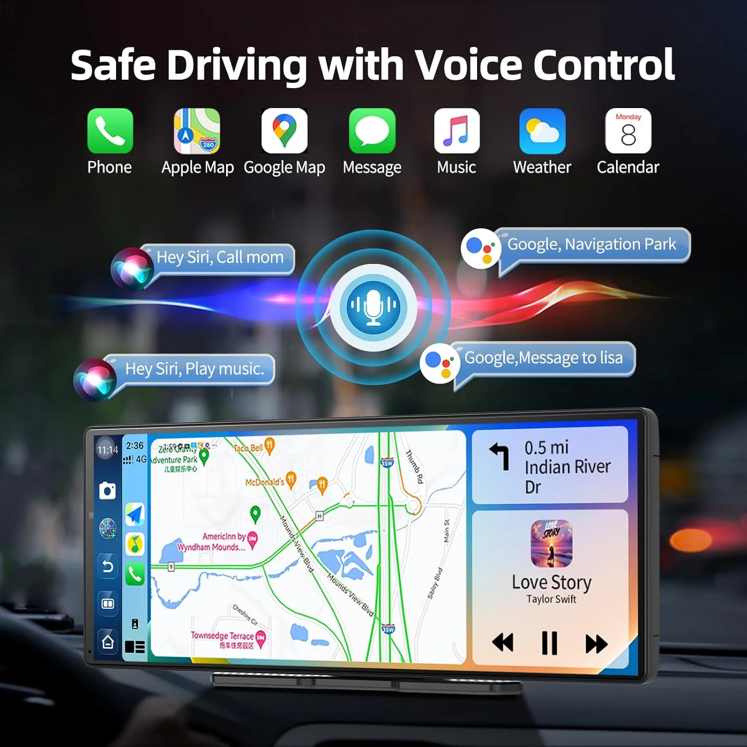 Imagebon P70 11.4" Android 14 Dashcam 8 Core Wireless Carplay & Android Auto Monitor Split Screen Car DVR GPS AI Navigation GPS view 4