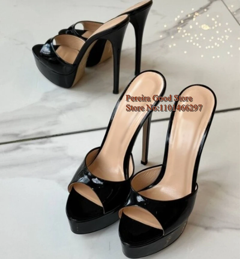 Black Patent Leather Open Toe Women Slip On Shoes 14cm 16cm Platform Heels Mules Shoes Concise Shinny Evening Club Footwears