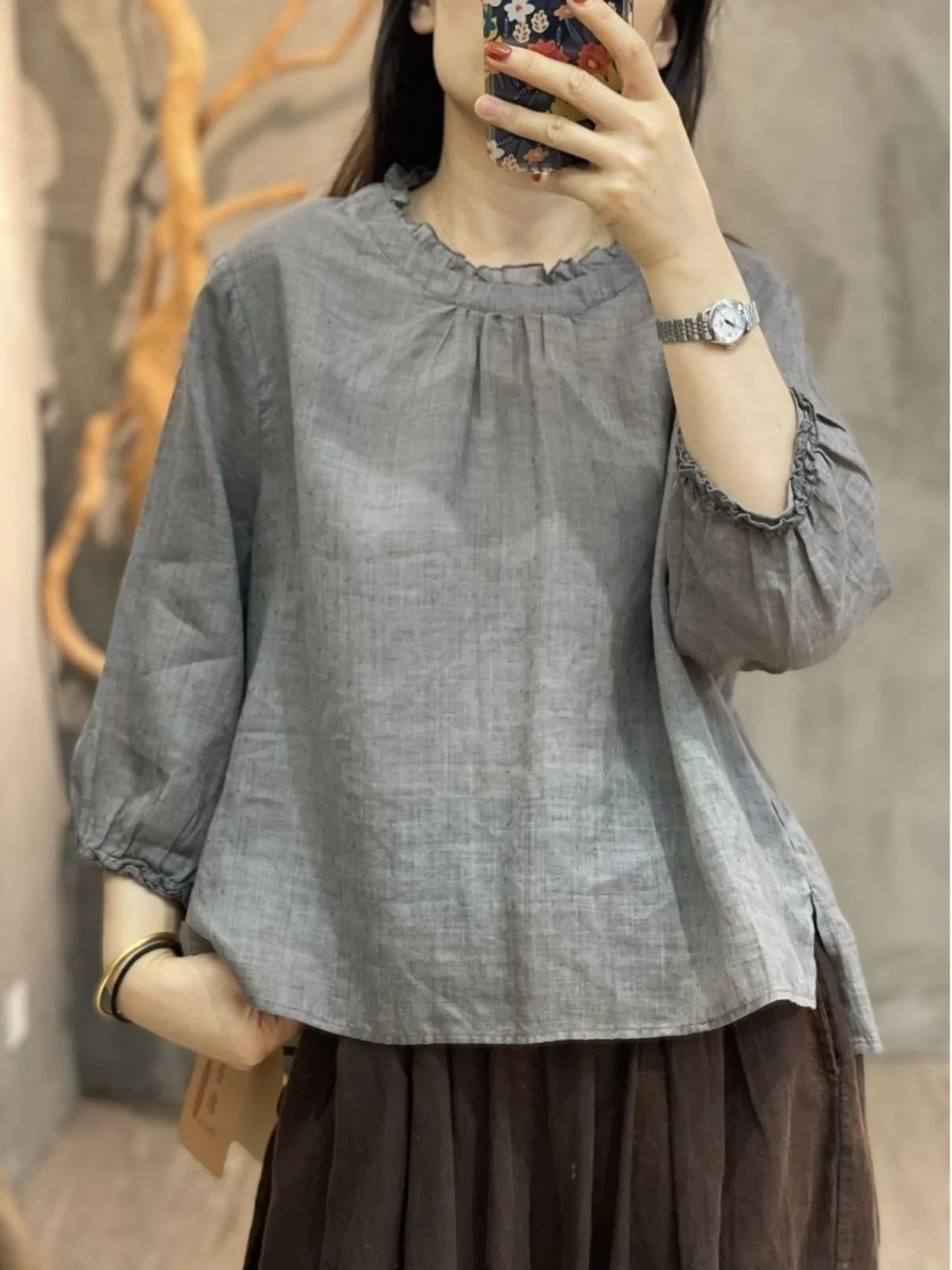 Leinen irt Damen Loose Fit Seven-Vierter Sve Floral Spitzenkragen Casual Top Korean Sle Commute Faion Pure Color