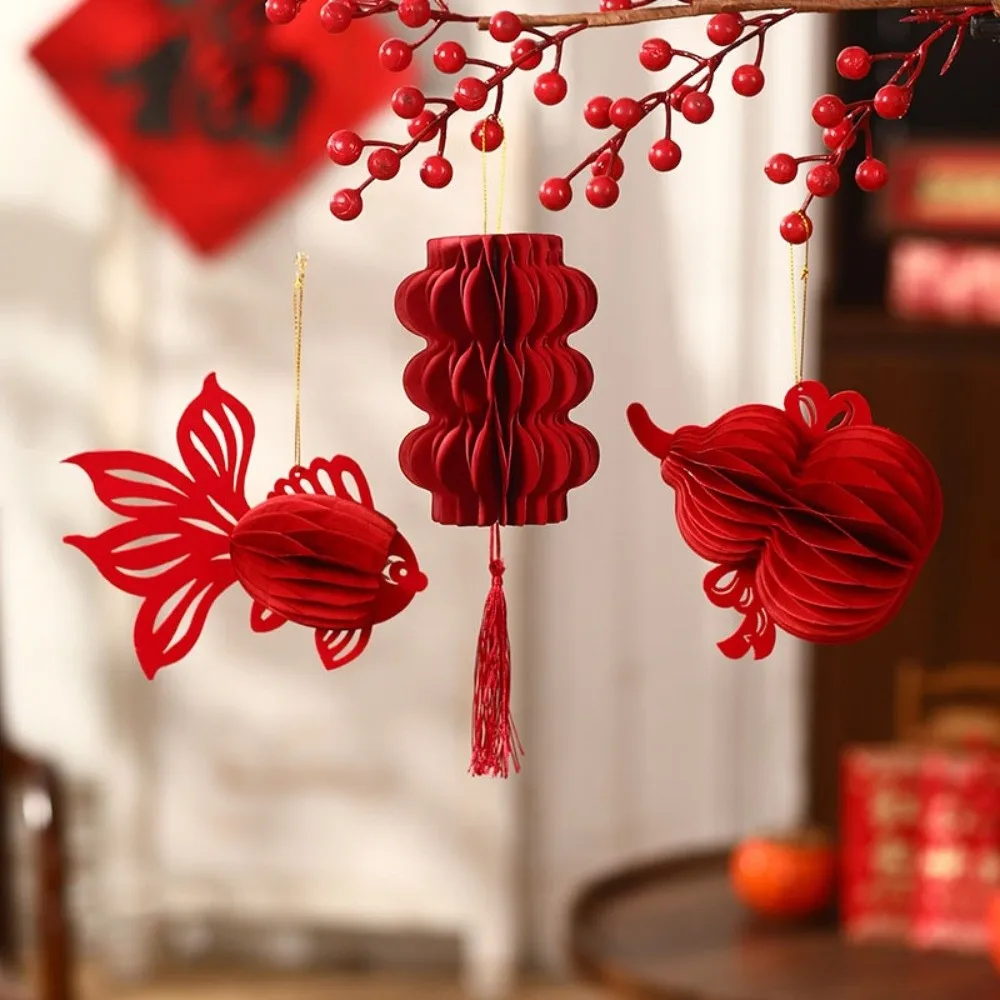Hanging Red Chinese New Year Decoration Koi Small Honeycomb Lantern Chinese Knot Gourds Shape 3D Felt Pendant Shop Decoration