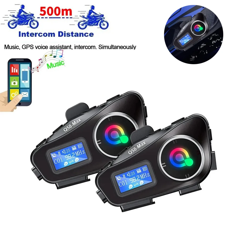 

1/2pcs Q58-Max Motorcycle Helmet Intercom Bluetooth Headset LCD Display Interphone Multi-Scene Mixed Music Share with Flashlight