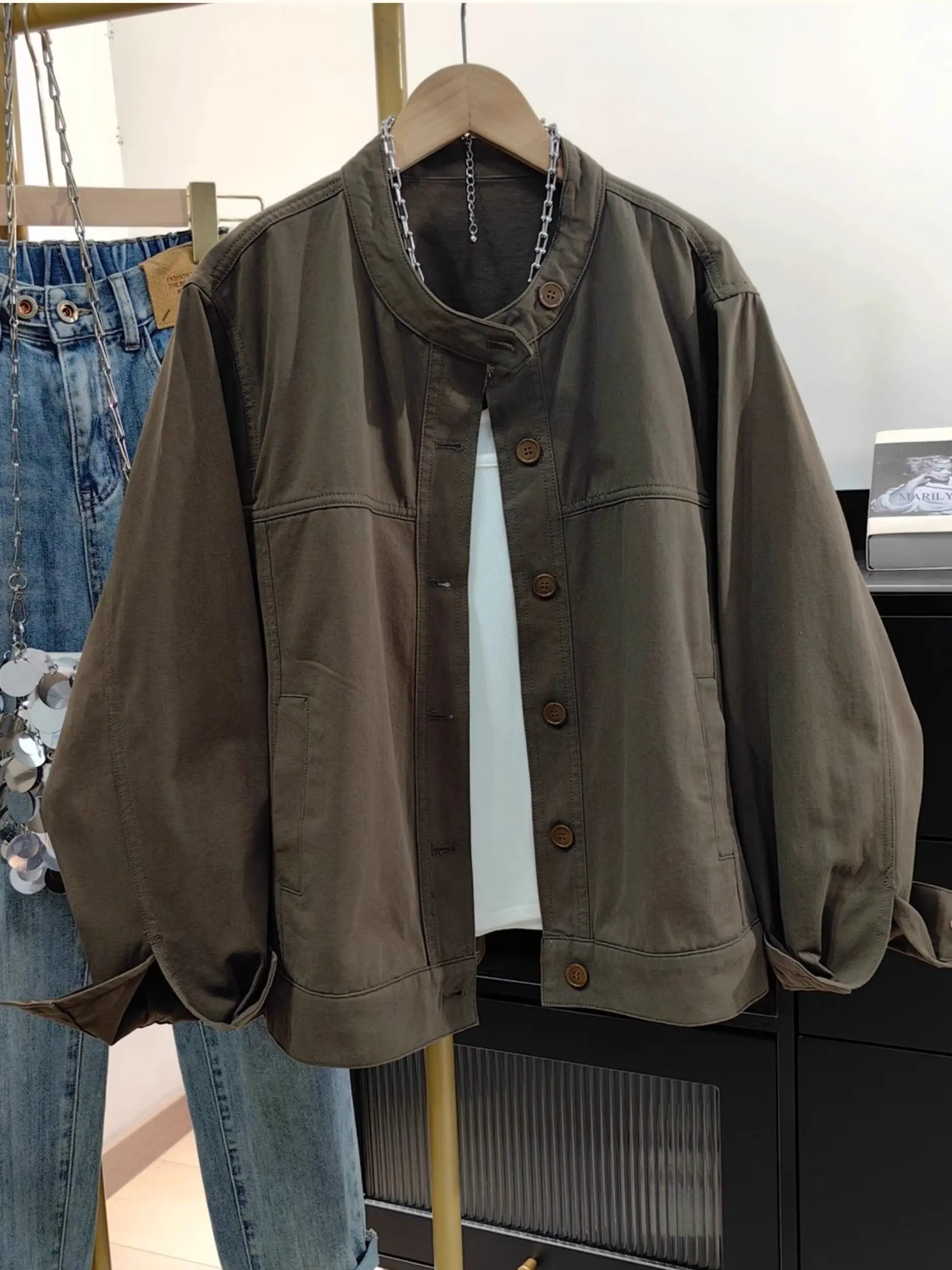 Women Vintage Stand Collar Cargo Jacket Spring Autumn New Plus Size Korean Solid Color Loose Casual Outerwear