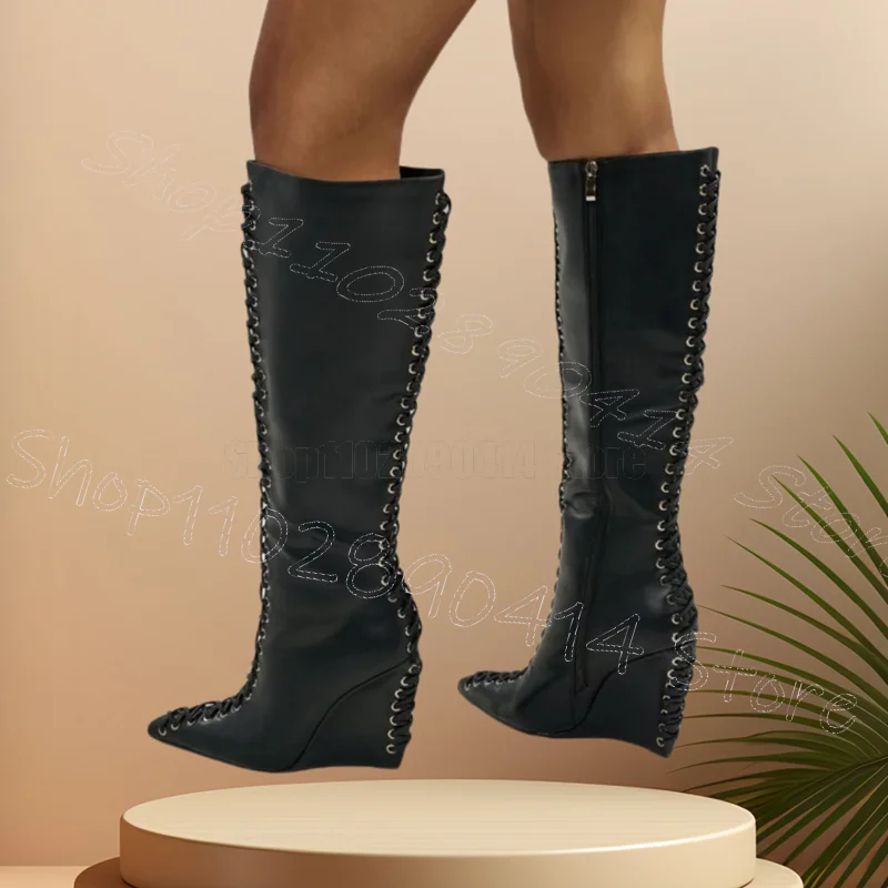 

Black Wedges Heel Cross Tied Pointed Toe Boots Side Zipper Women Shoes New Fashion Party Banquet Dating 2025 Zapatos Para Mujere