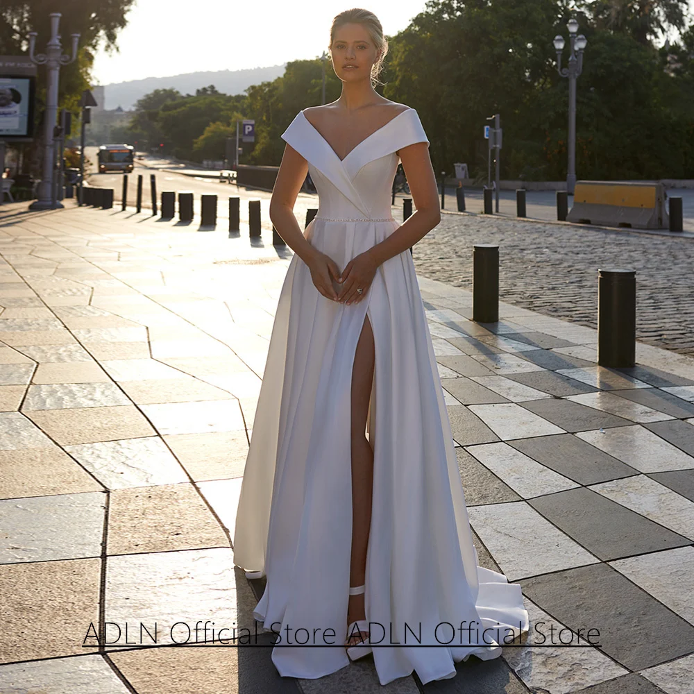 

Modern Off Shoulder Wedding Dress Bridal Gown Customized V Neck Pleat Beading Belt High Slit A Line Satin Corset Bride Dress