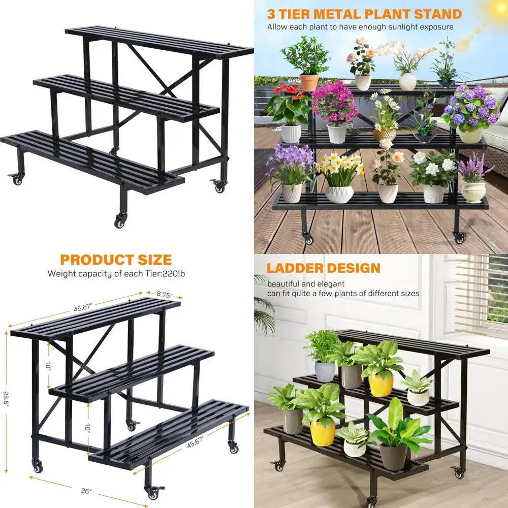 

Сверхмощная 3-х уровневая металлическая подставка для растений с колесами, полка для садовых растений, компактная стойка, вмещает 660 фунтов