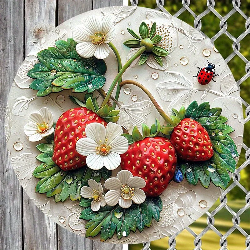 Stampa artistica di fragole e ghirlande floreali in alluminio, coccinella e fiori, insegna in metallo 2D, decorazione da parete per la casa e il