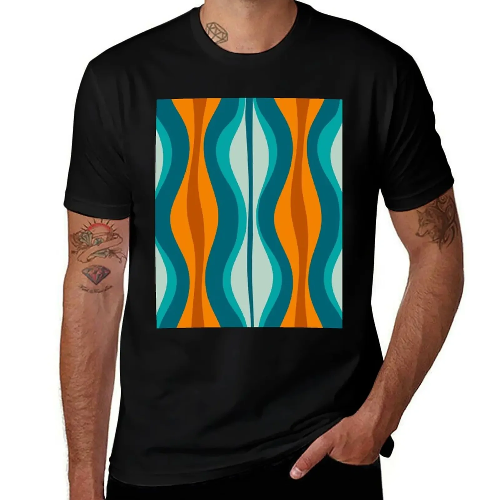 Hourglass Abstract Midcentury Modern Pattern in Orange, Rust, Aqua, Turquoise, and Teal T-Shirt tees mens t shirts pack