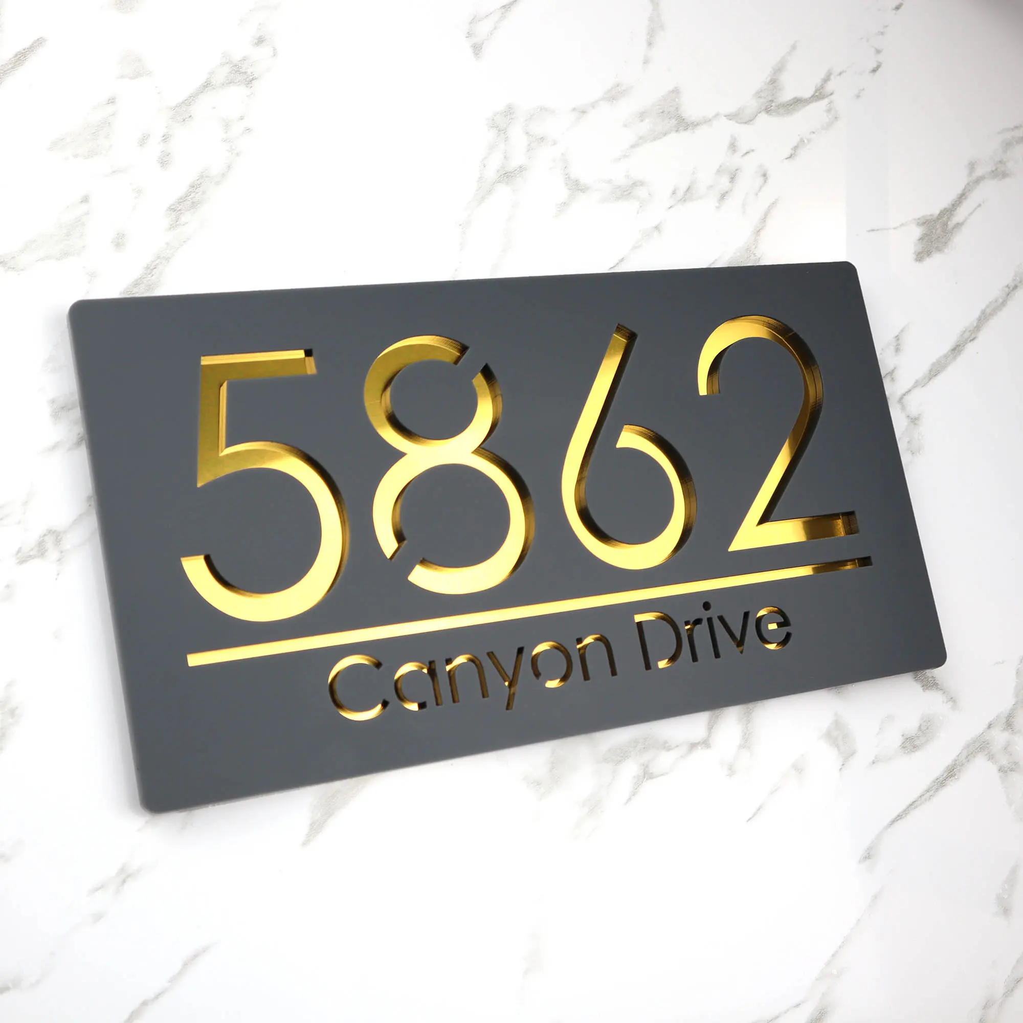 Custom 3D Laser Cut Matt Dark Black Copper Mirror Floating Acrylic House Sign Door Numbers Plaque 300mm x 160mm