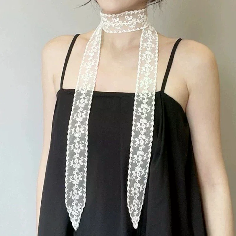 Y2k Women Narrow Long Scarf Solid Color Silk Black Bag Ribbon Headbands Choker Floral Lace Scarf