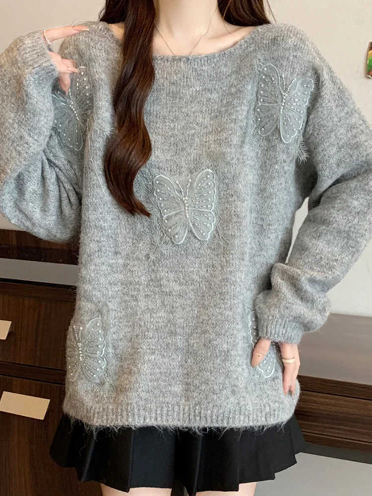 Sweater Kupu-kupu Lucu Manis Wanita O Neck Gaya Preppy Chic Rajutan Pullover Kasual Lengan Panjang Longgar Elegan Jumper Wanita Musim Gugur