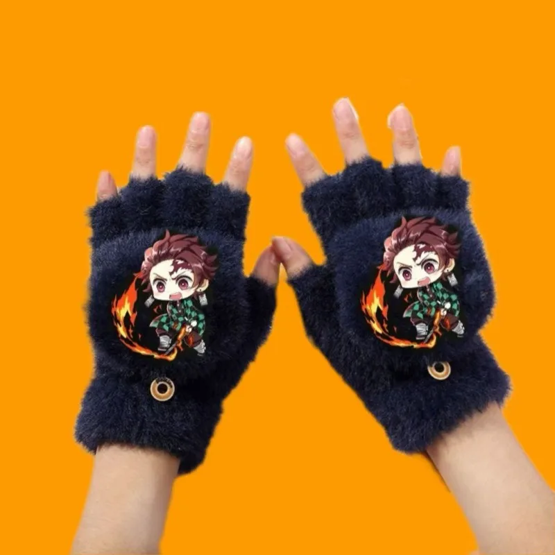 Demon Slayer asibira Inosuke Tanjiro Kamado anime peripheral cartoon children's autumn and winter half pack finger flip gloves