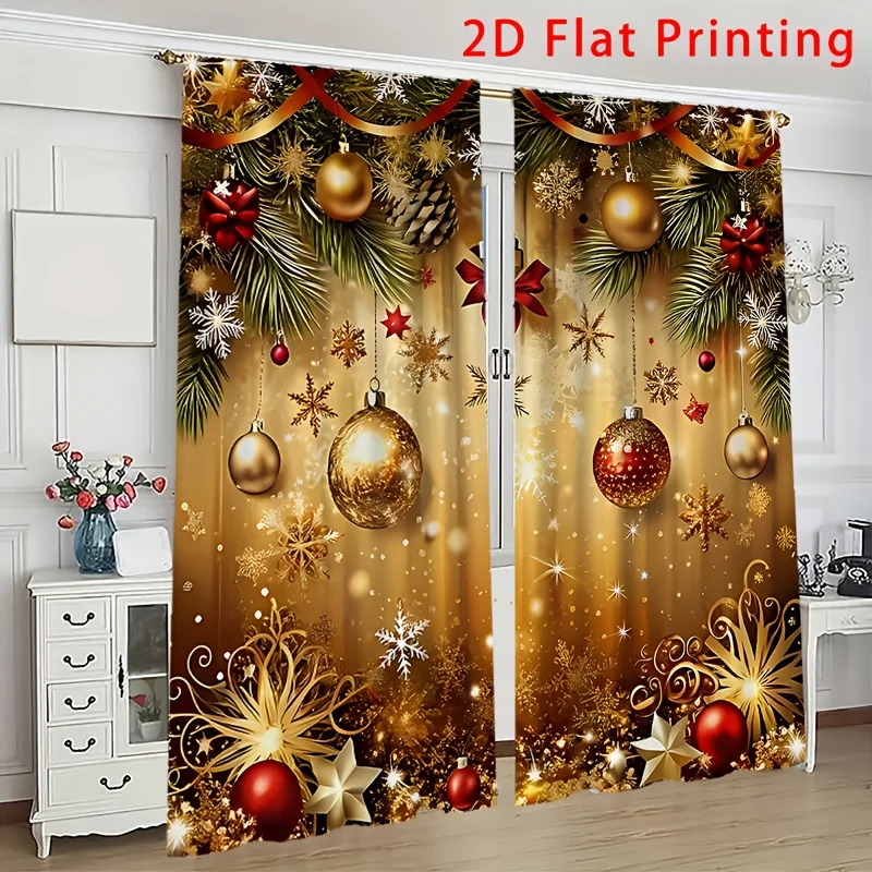 Merry Christmas Golden Decorative Rod Pocket Curtains 2 Panel Holiday Drapes for Living Room Bedroom Decor