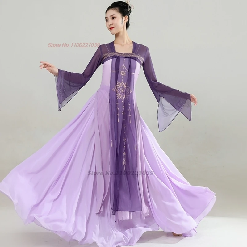 

2025 chinese traditional hanfu dress+skirt folk dance costume stage performance dress oriental chiffon ruqun hanfu dance dress