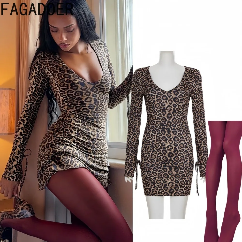 

FAGADOER Y2k Sexy Leopard Printting Bodycon Mini Dresses for Woman Deep V-neck Long Sleeve Dress + Stockings Female Streetwear