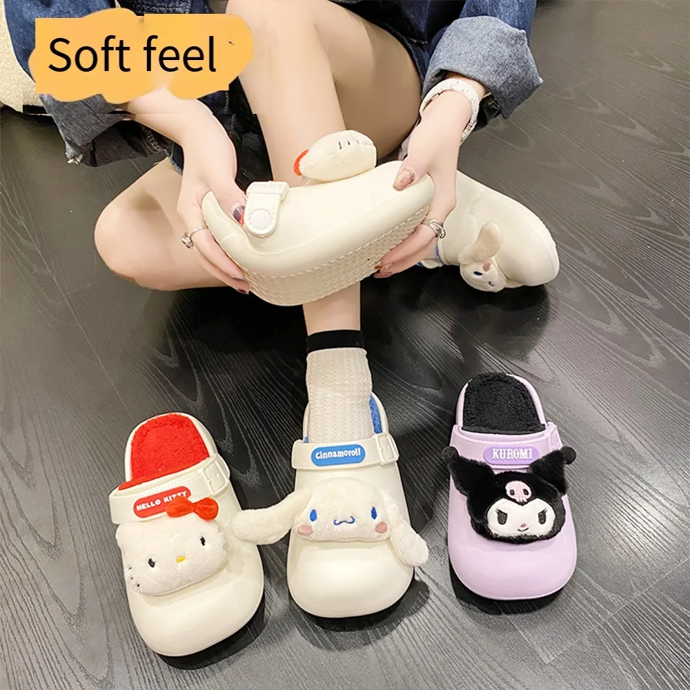 Anime Hello Kitty Sanrioed Women Plush Slippers Kawaii Doll Kuromi Cinnamoroll Winter Warm Girl Home Cotton Shoes Non-Slip Cute