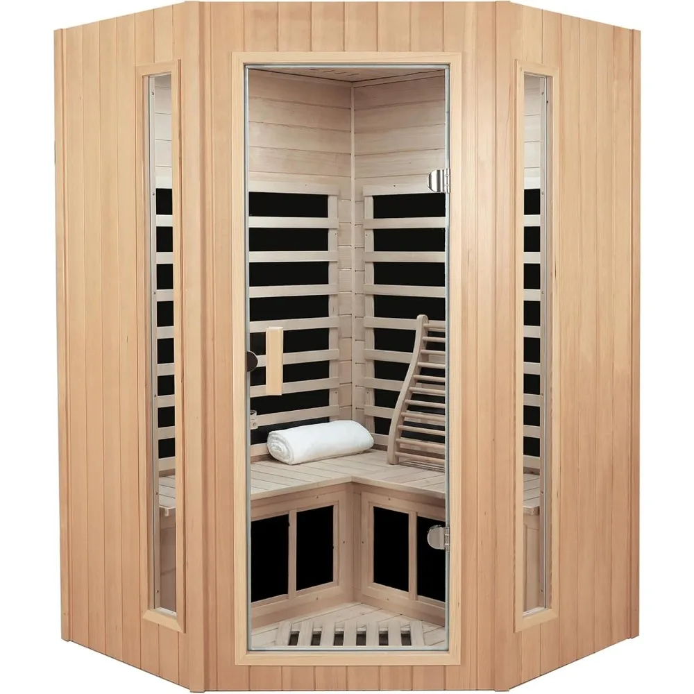 2-3 Person Infrared Sauna, Far Infrared Saunas for Home Low EMF Indoor Home Sauna Spa, Hemlock Wooden Corner Sauna Room,1670Watt