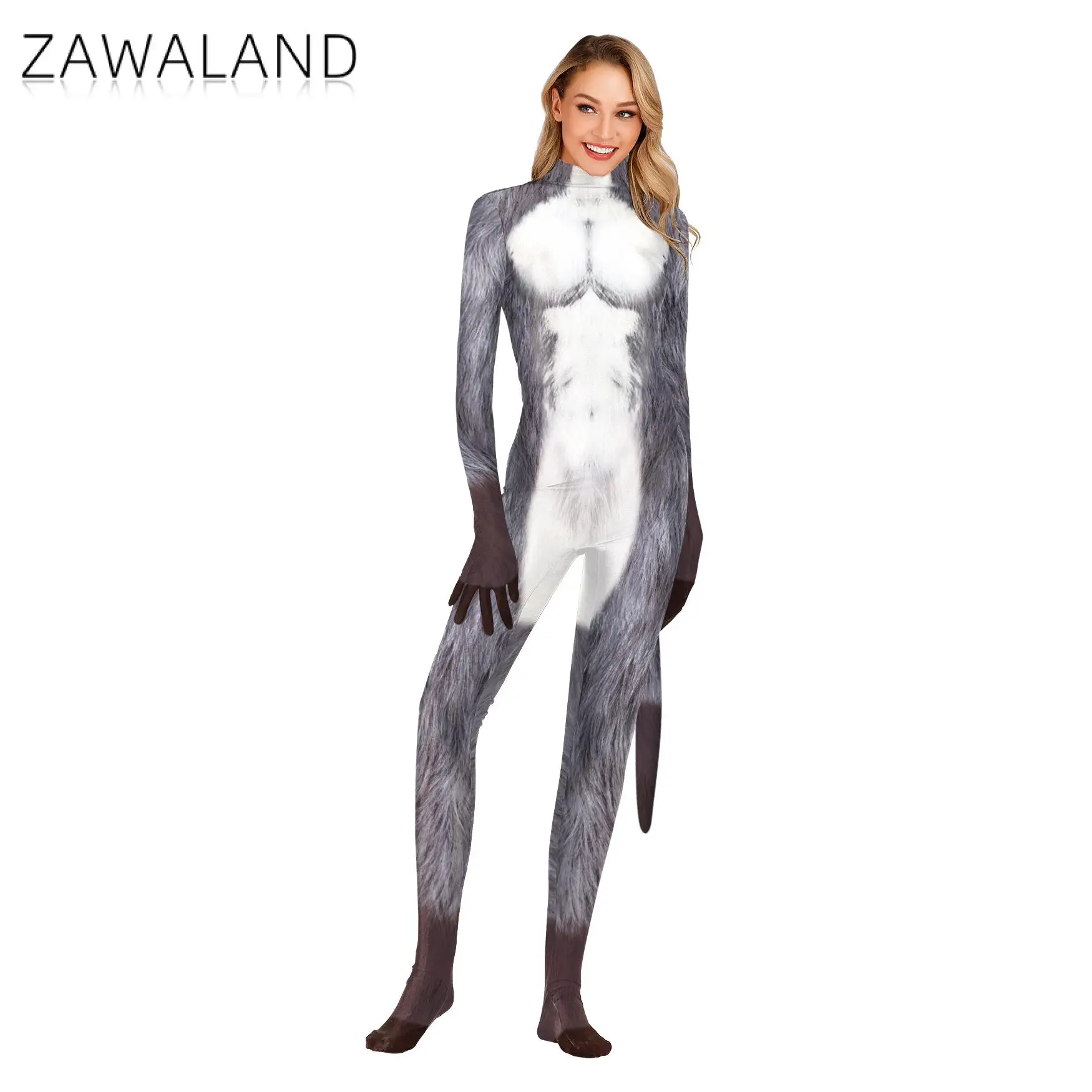 Zawaland Animal Petsuit Costume with Tail Man Woman Carnival Disguisement Clothes Dog Cosplay Jumpsuit Adult Zentai Bodysuit