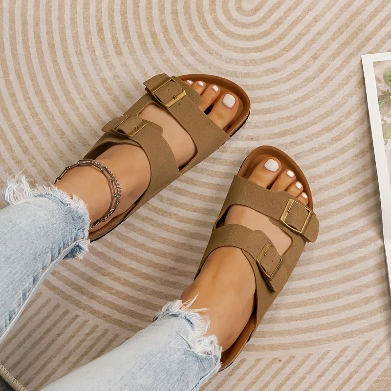 2023 Summer Women\'s Two Buckle Cork Slippers Cow Suede Leather Flats Sandals for Women Retro Fashion Garden Mule Clog Slides