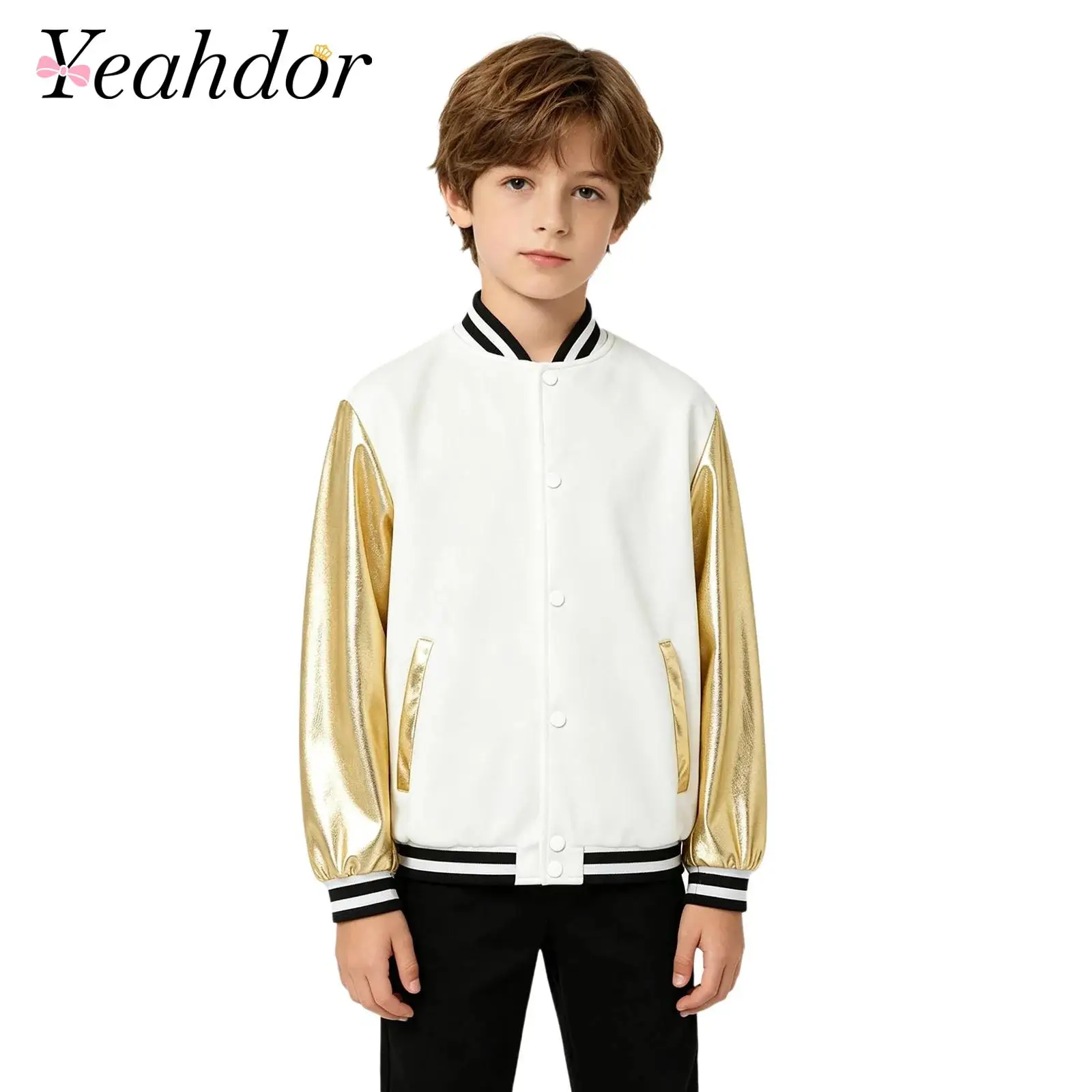 Kids Baseball Jacket Boys Girls Coats Metallic Shiny Long Sleeve Eagle Printed Bomber Jacket Outerwear for Varsity Students