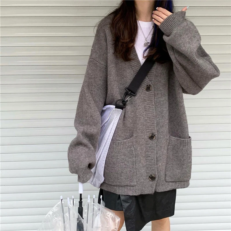 Green Women Sweater Mid-length Cardigan 2023 Autumn Winter Loose V-neck Knitted Cardigans Female Long Sleeve Sweaters Midi Coat