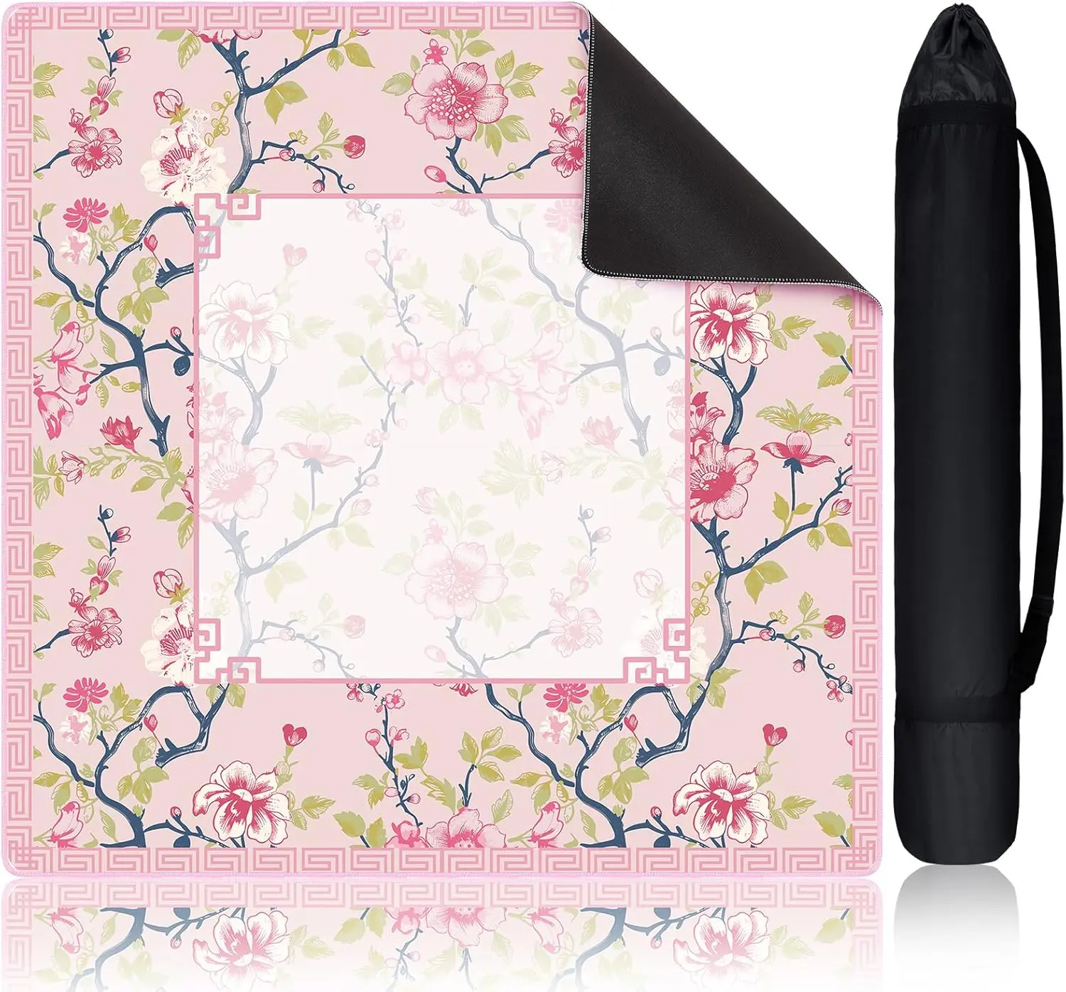 Pink and White Rubber Anti Slip Game Mat with Carrying Bag for Mahjong Cards and Board Tile Games 31.5 Inch Square
