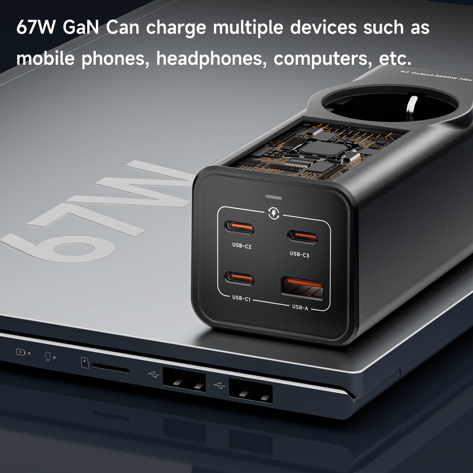 

Удлинитель GaN с вилкой европейского стандарта, 67 Вт, удлинитель 1,5/3 м с несколькими портами USB и розеткой переменного тока, универсальное зарядное устройство для дома, офиса