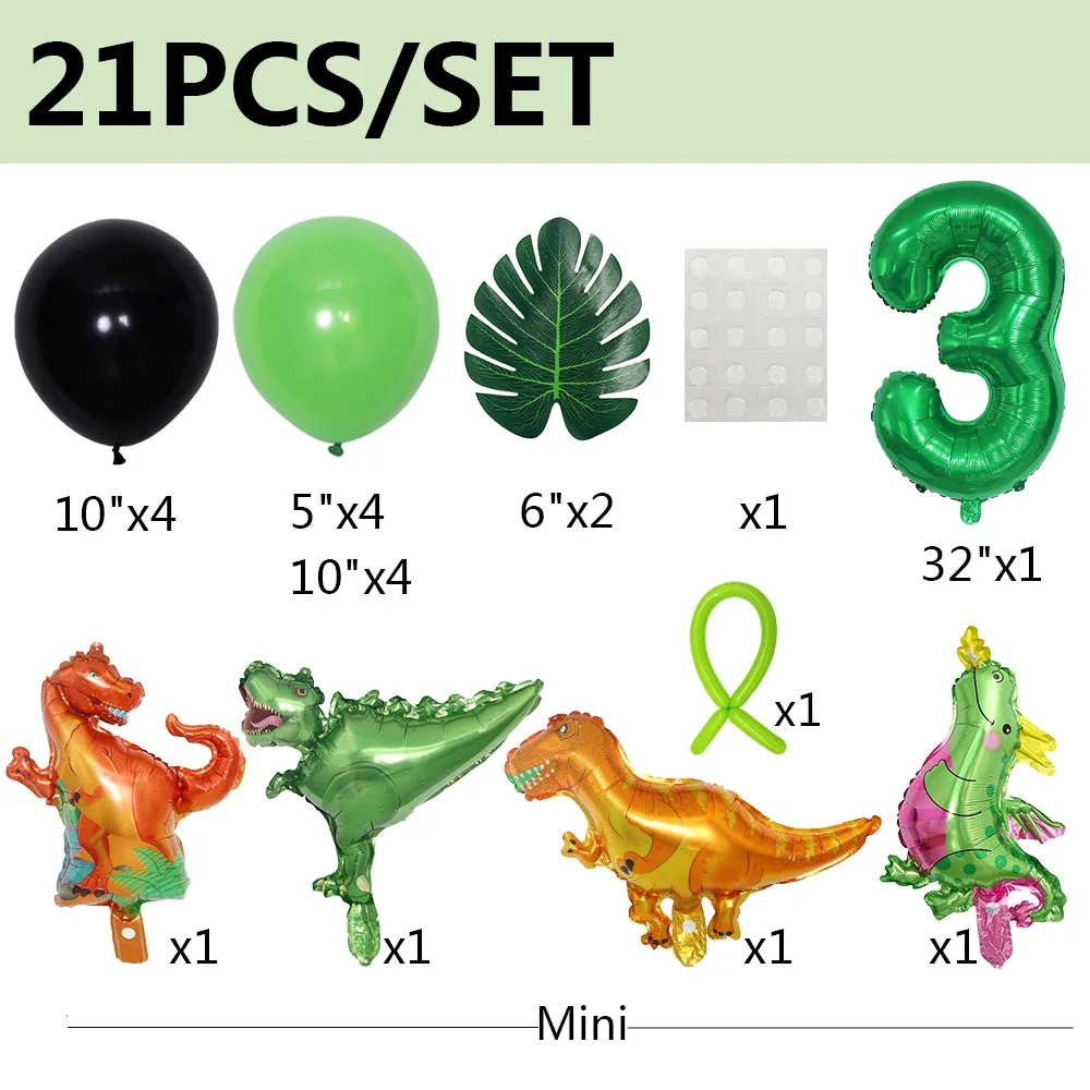 21pcs Dinosaur Balloons Green Digital Birthday Theme Balloon Baby Shower Jungle Dinosaur Party Decoration