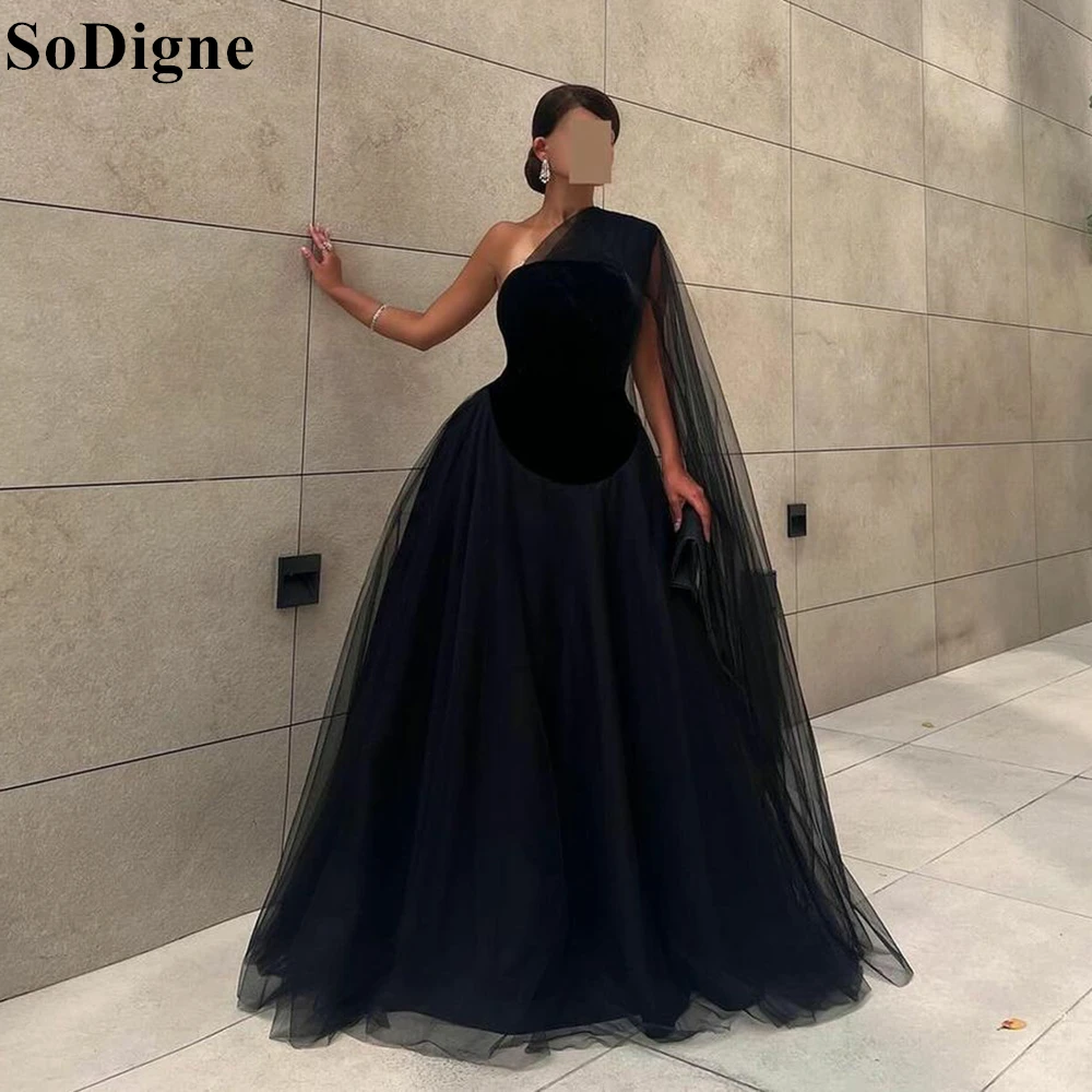 

SoDigne Elegant Black Evening Dresses A-Line One Shoulder Tulle and Satin Party Dress 2024 Formal Occasion Prom Gowns for Women