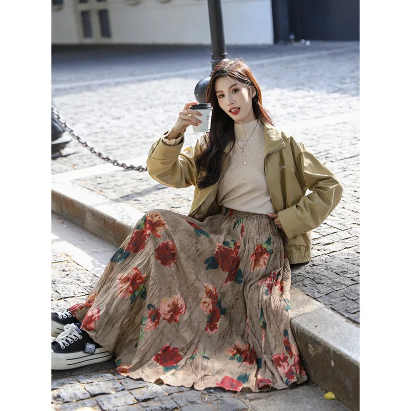 

Luxury Vintage Ombre Rose Maxi Dress High-waisted Draped Pleated A-line Skirt Trendy Women's Printed Pleated Skirt Elastic Waist