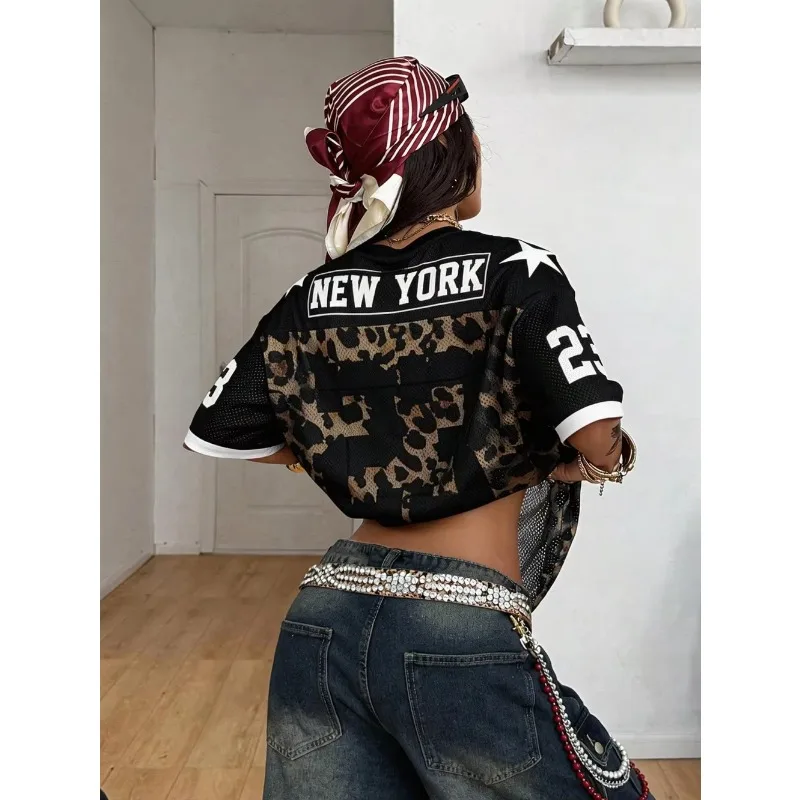 2026 New Women No.23 letter print Y2K Fashion Summer Oversize Streetwear Breathable Mesh Graphics Comfy Sport Leopard Print Top﻿