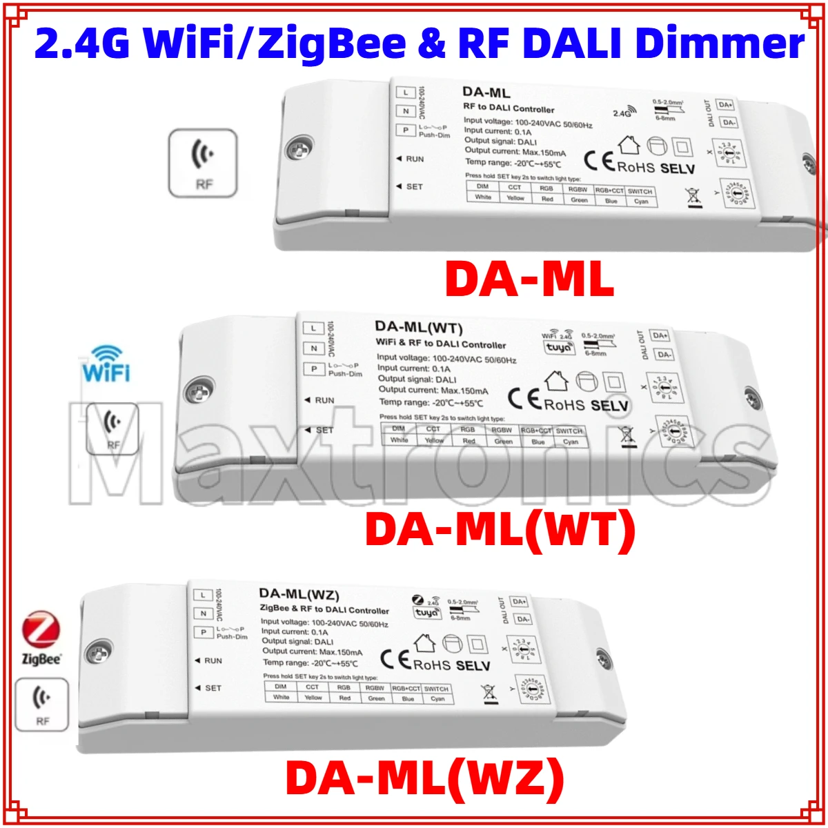 

2.4G WiFi/ZigBee & RF DALI Dimmer RF Tuya Smart APP Cloud Control DA-ML/DA-ML(WT)/DA-ML(WZ) RGB/RGBW/CCT Color LED Strip Light