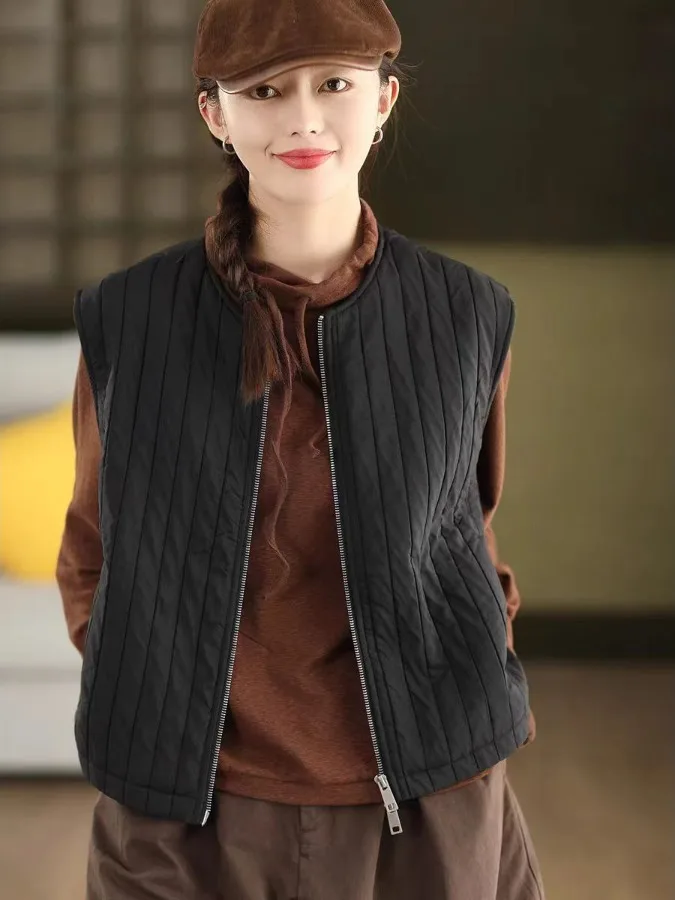 Gilet en coton rayé rétro pour femme, fermeture éclair, polyvalent, ample, rond, bouton unique, nouvelle collection hiver
