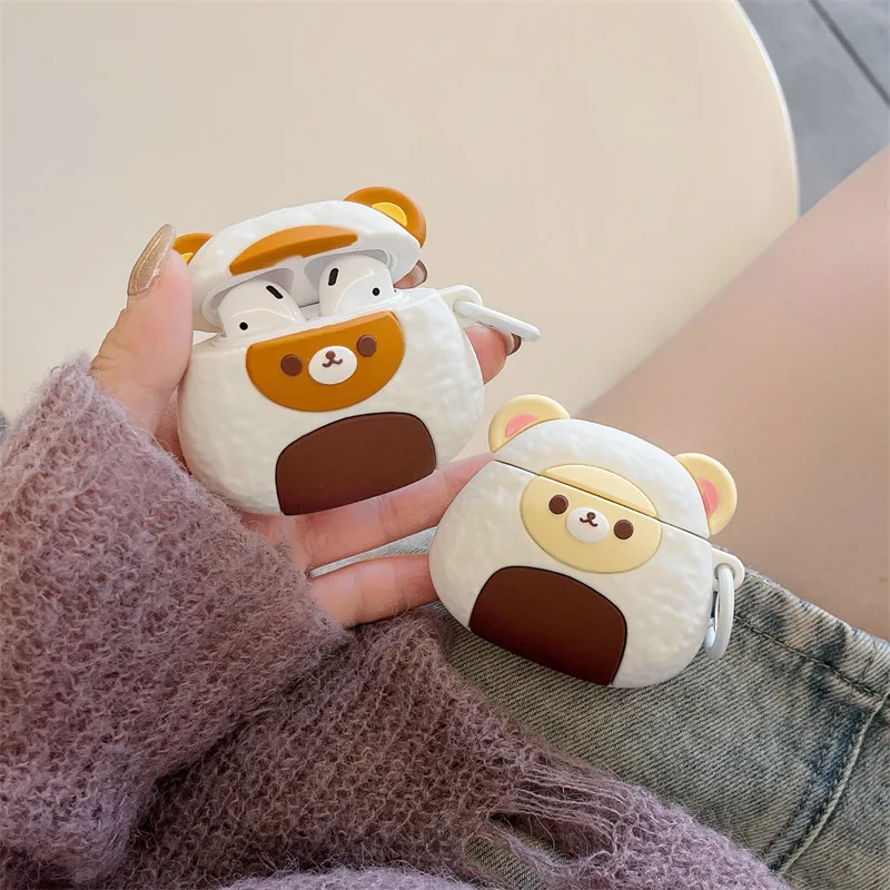 

Cute Rice Roll Bear Case for AirPods 4 Airpod 1 2 3 Pro Pro2 Bluetooth Earbuds Charging Box Protective Earphone Case Cover